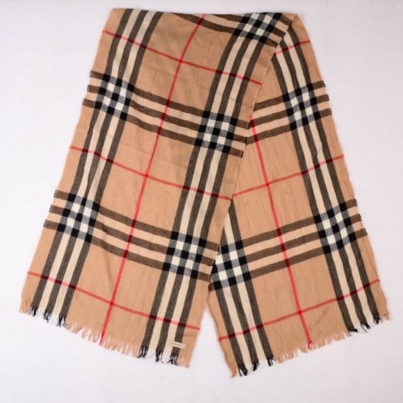 BURBERRY  Wool Cashmere Giant Check Crinkle Scarf Camel - Picture 2 of 3